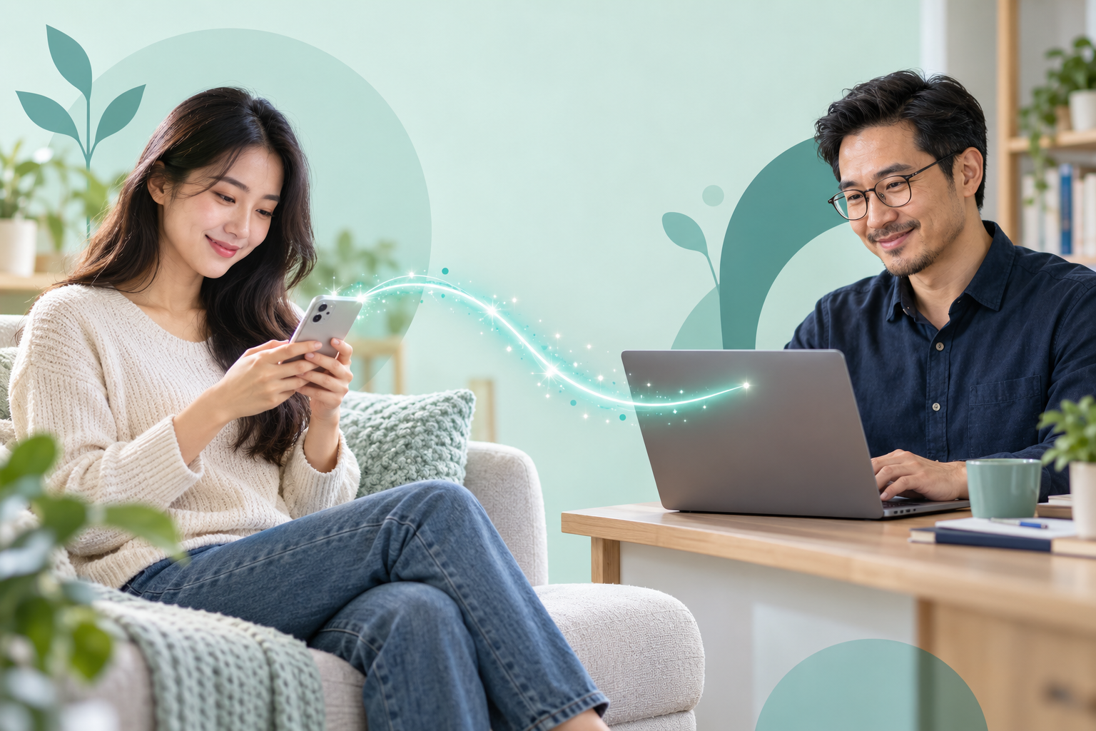 A help seeker using a phone and an Asian male therapist using a laptop, connected by a glittering line