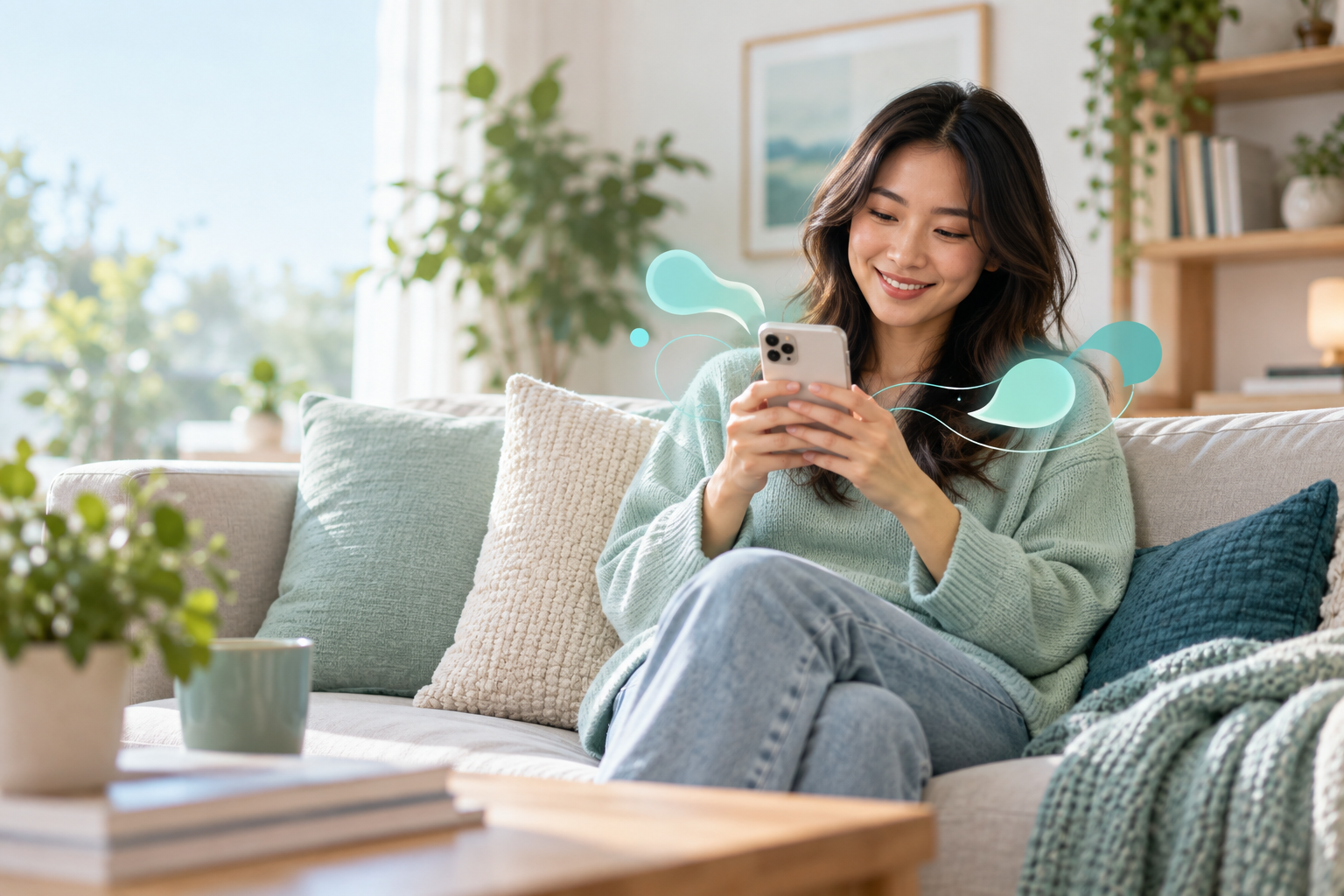 An Asian woman enjoying a quiet moment with her phone and MindVault