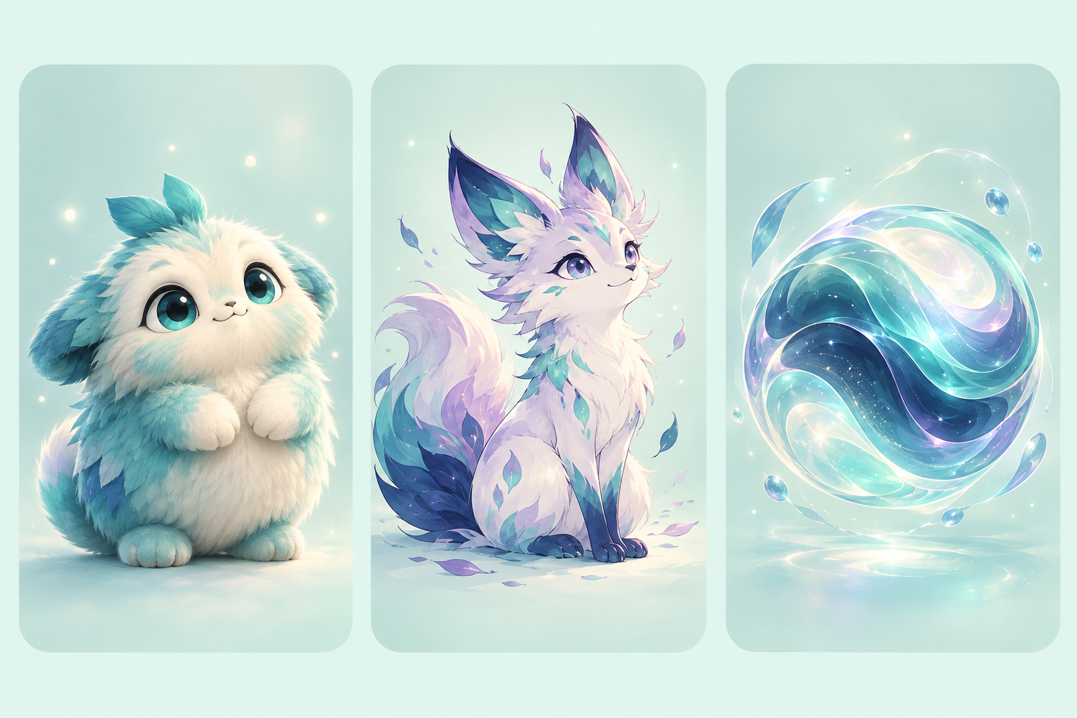Three non-human companion styles: a fluffy character, an anime fox and an abstract orb