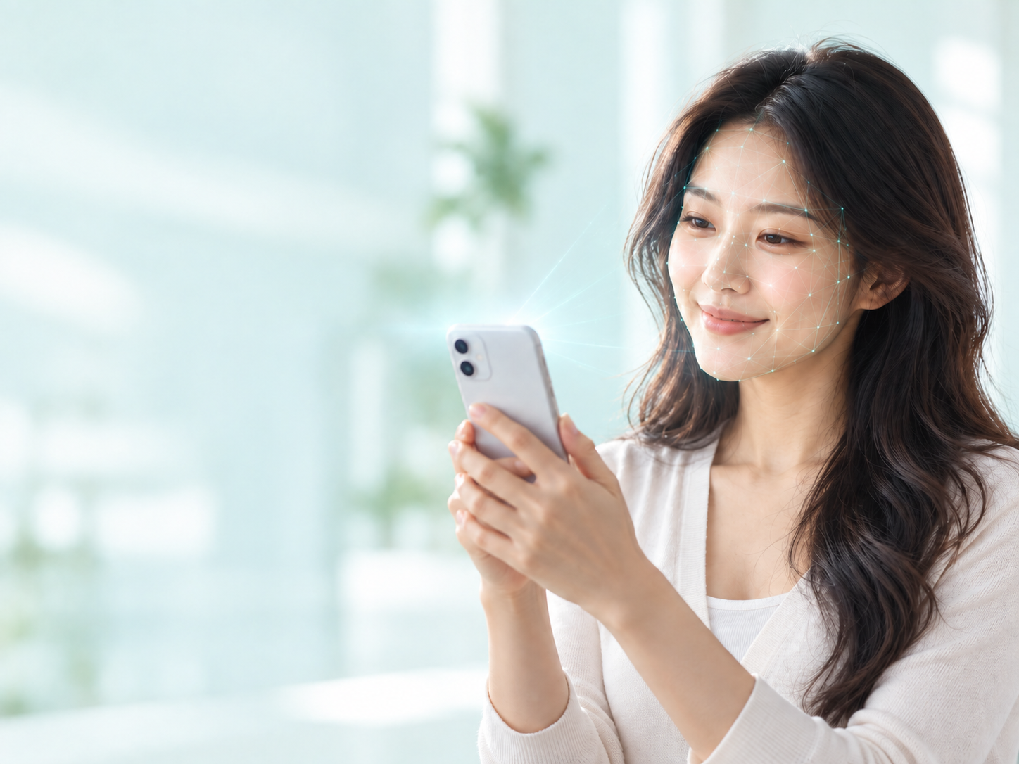 An Asian woman taking a selfie with a subtle light mesh over her face